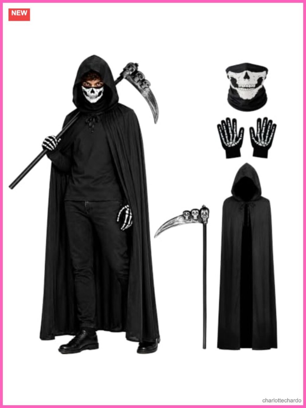Grim Reaper Costume Hooded Cloak Death Scythe Mask Gloves Set